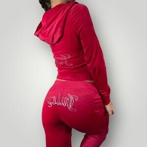 New Juicy Couture Classic Velour Tracksuit Set Red Womens Rhinestone Logo Y2K M
